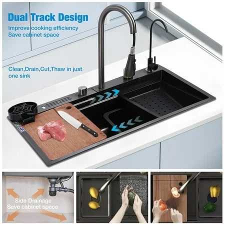 Waterfall Kitchen Sink, Single Bowl with Faucet