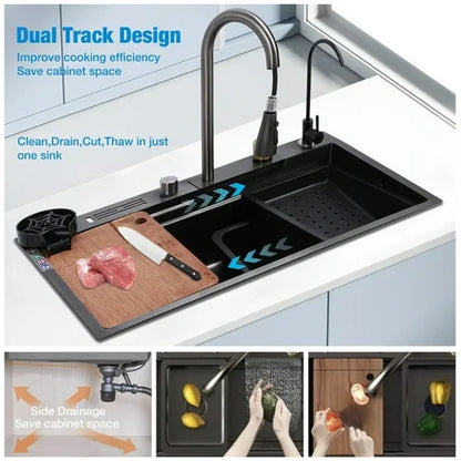 Waterfall Kitchen Sink, Single Bowl with Faucet