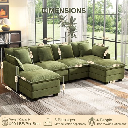 BedLuxury 106" Green U-Shaped Sectional Sofa