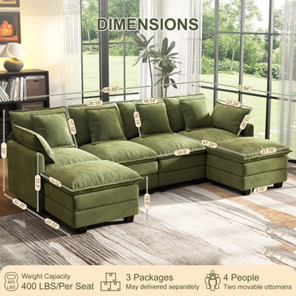 BedLuxury 106" Green U-Shaped Sectional Sofa
