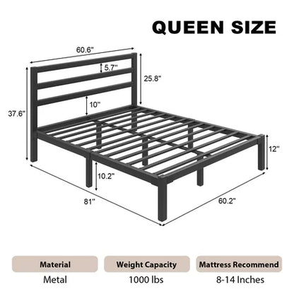 Queen Size Metal Platform Bed Frame with Headboard, Heavy Duty Metal Slat Mattress Foundation, Easy Assembly, No Box Spring Needed, Black