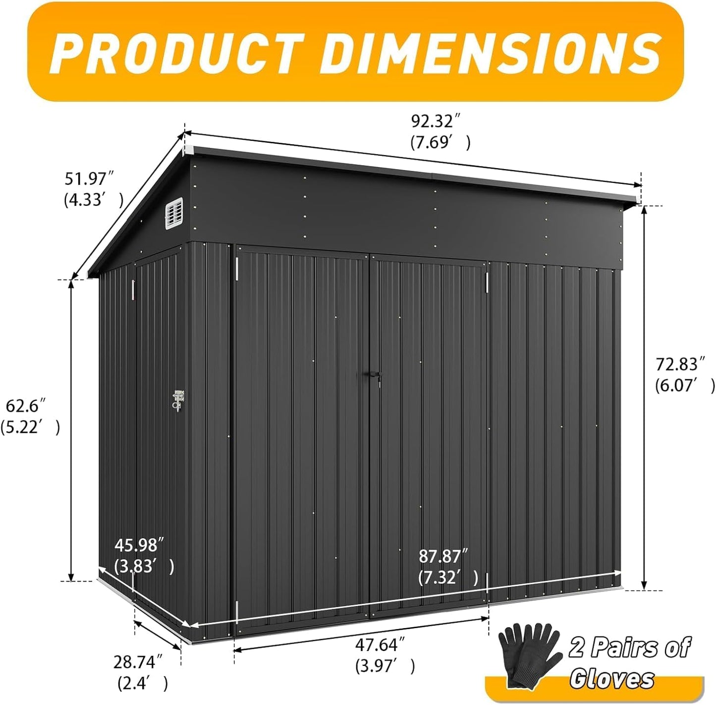 8x4 Outdoor Shed: Triple Door, Metal, Black