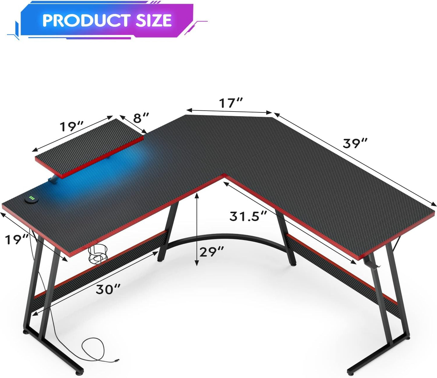 Shahoo L Shaped Gaming Desk with LED Lights & Power Outlet