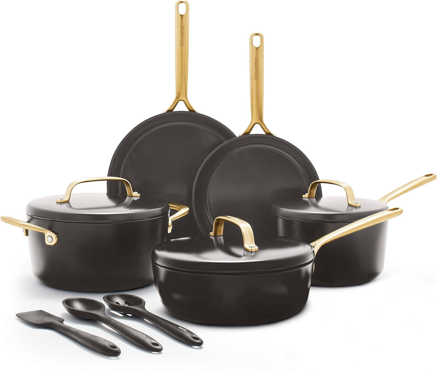GreenPan GP5 14 Piece Cookware Pots and Pans Set, Hard Anodized Ceramic Nonstick PFAS-Free, Induction Suitable, Scratch Resistant, Gold-Tone Handles, Stay-Flat Surface, Dishwasher and Oven Safe, Black