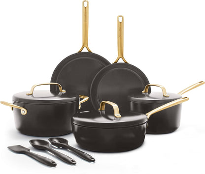 GreenPan GP5 14 Piece Cookware Pots and Pans Set, Hard Anodized Ceramic Nonstick PFAS-Free, Induction Suitable, Scratch Resistant, Gold-Tone Handles, Stay-Flat Surface, Dishwasher and Oven Safe, Black