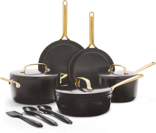 GreenPan GP5 14 Piece Cookware Pots and Pans Set, Hard Anodized Ceramic Nonstick PFAS-Free, Induction Suitable, Scratch Resistant, Gold-Tone Handles, Stay-Flat Surface, Dishwasher and Oven Safe, Black