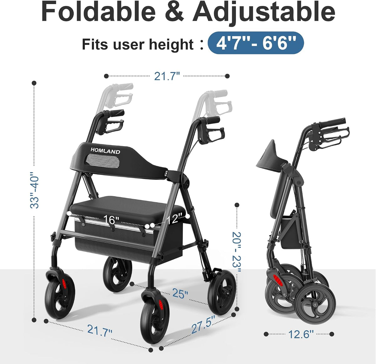HOMLAND Foldable Rollator Walker with Seat 16"