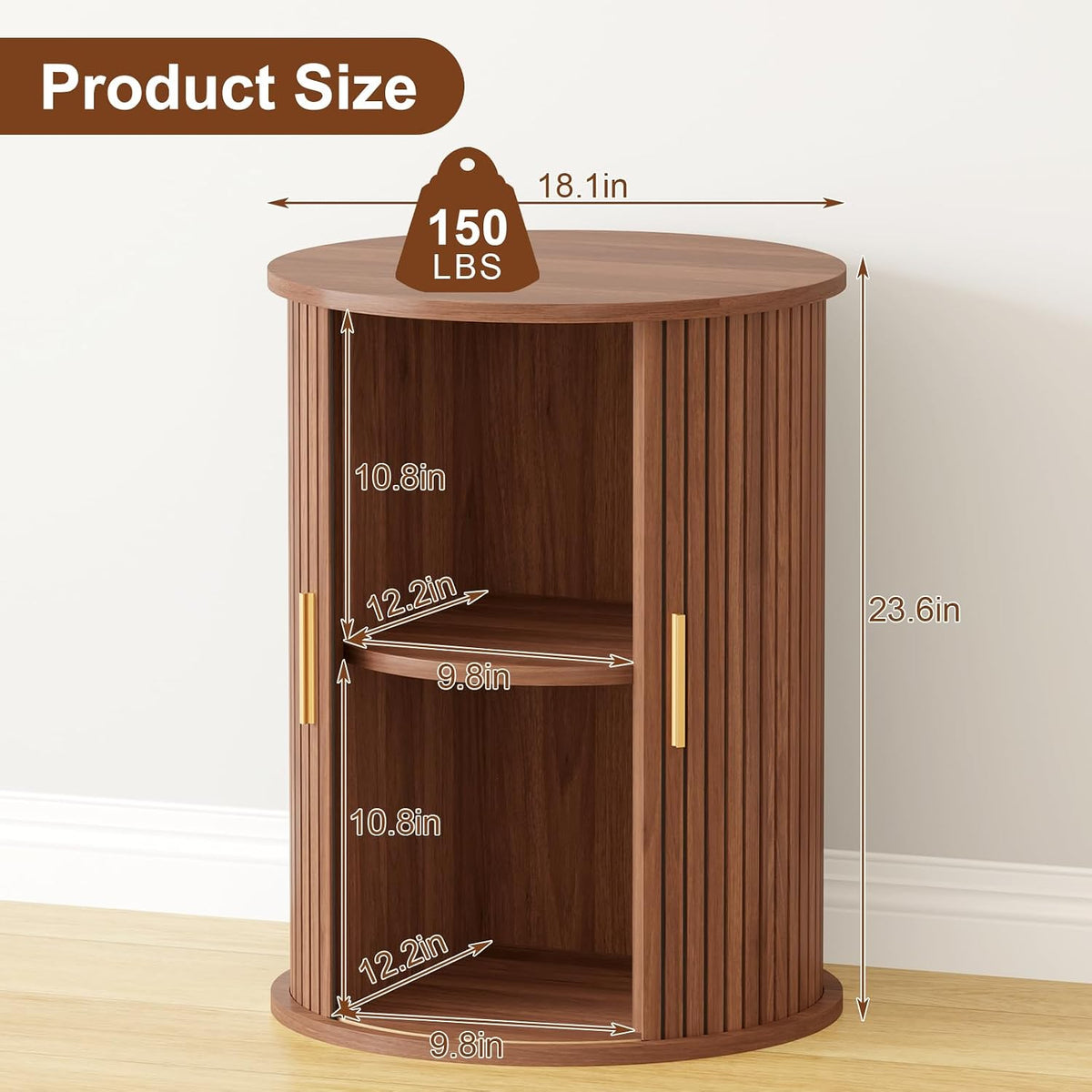 Round Fluted End Table with Sliding Door Walnut