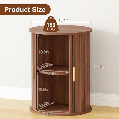 Round Fluted End Table with Sliding Door Walnut