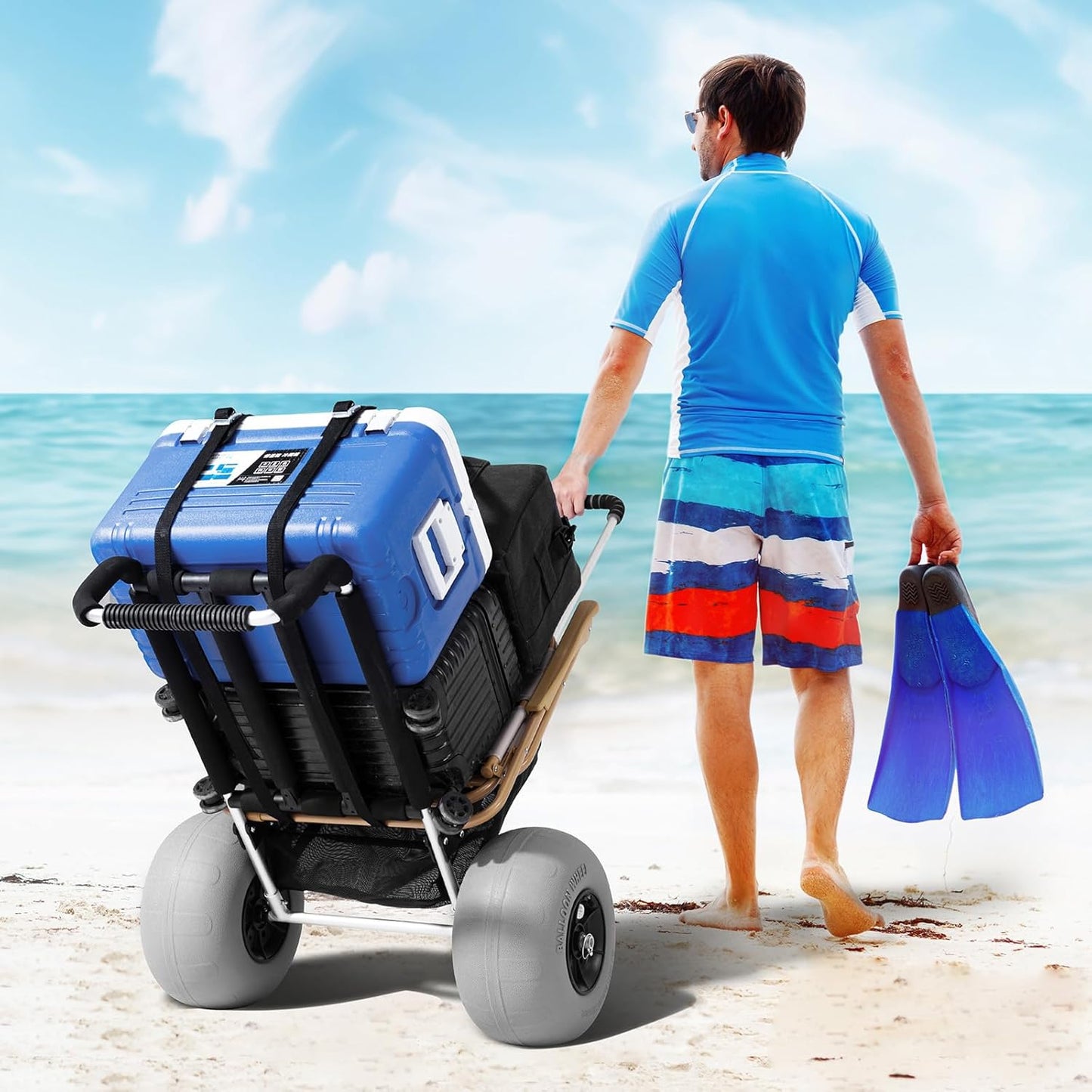 VEVOR Beach Dolly with Big Wheels for Sand, 29.9 x 15.4 Cargo Deck, w/ 12 Balloon Wheels, 165LBS Loading Capacity Folding Sand Cart & 27 to 44.7 Adjustable Height, Heavy Duty Cart for Beach