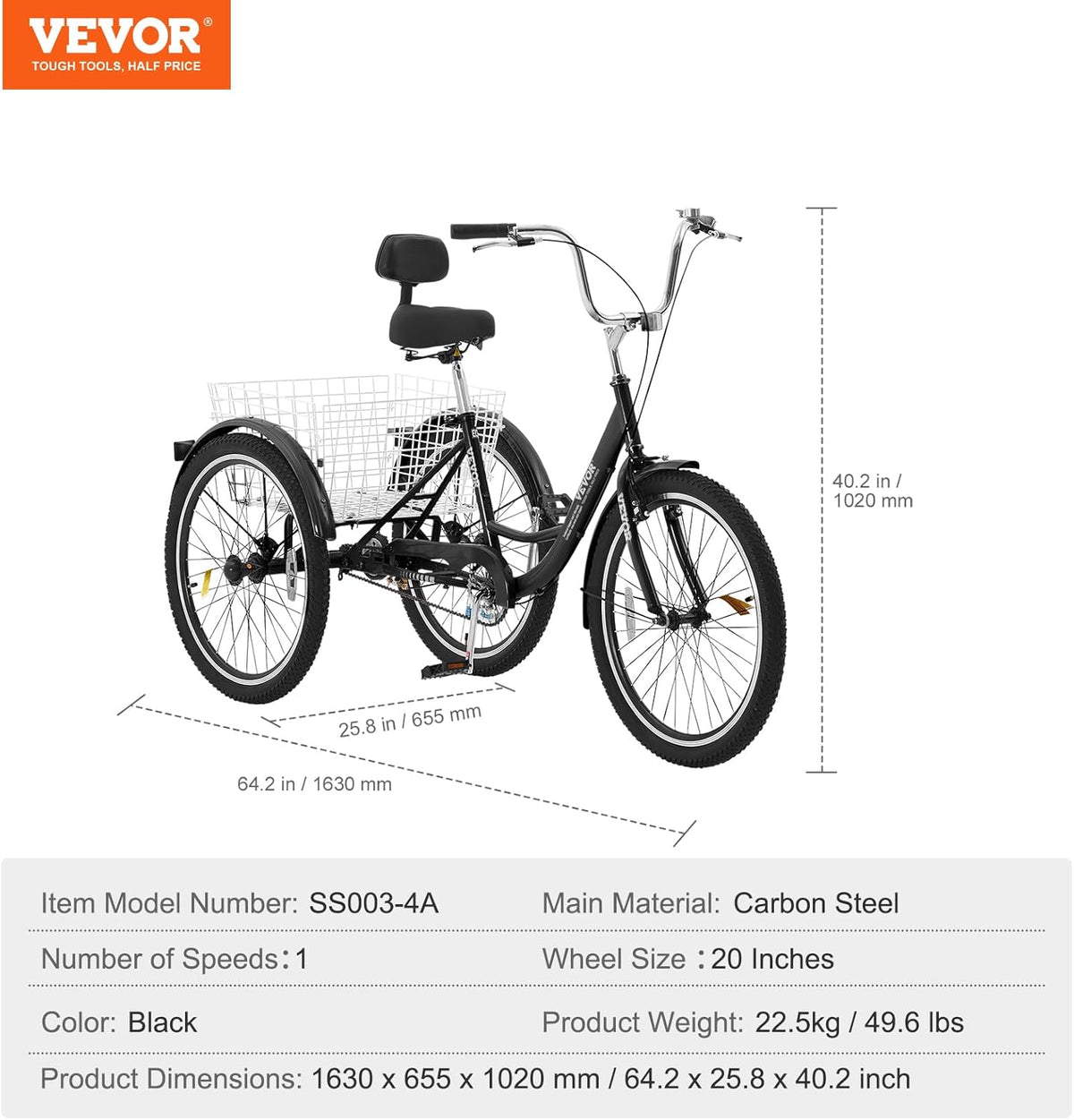 VEVOR Adult Tricycles Bike, 20 Inch Three-Wheeled Bicycles, 3 Wheel Bikes Trikes, Carbon Steel Cruiser Bike with Basket & Adjustable Seat, Picnic Shopping Tricycles for Seniors, Women, Men (Black)