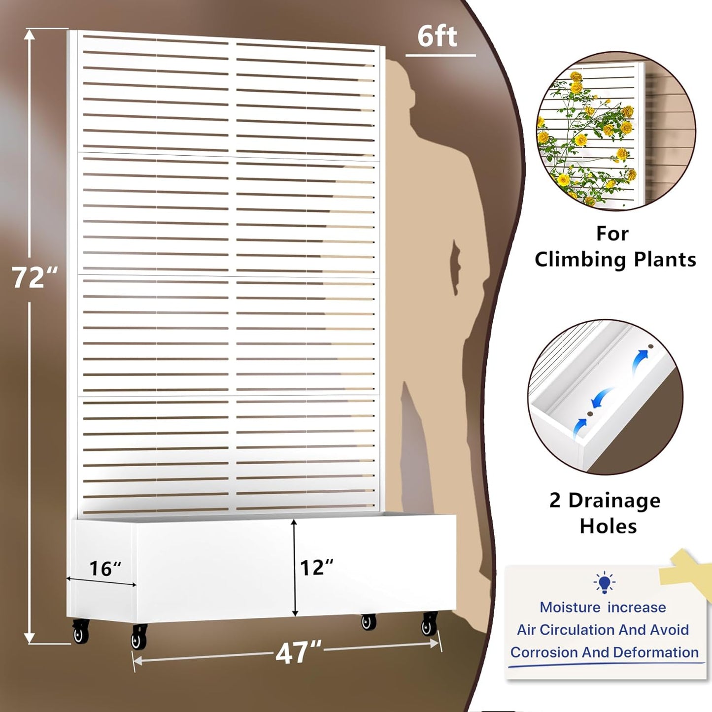 Metal Planter Box w/Trellis, 72"x47" (White-ByC)