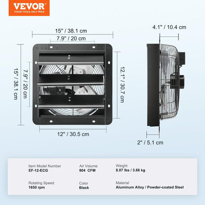 Shutter Exhaust Fan 12 in.940 CFM, 10-Speed Adjustable Wall Mount Attic Fan Ventilation and Cooling for Greenhouses