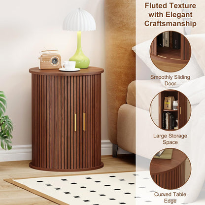 Round Fluted End Table with Sliding Door Walnut