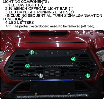 Stealth Laser iron Grill Grille for Tacoma Third Gen N300 2016 2017 2018 2019 2020 2021 2022 2023 Black, 1 Pc,Incl LEDs，Pure iron material，sand spray paint. (V1.1)