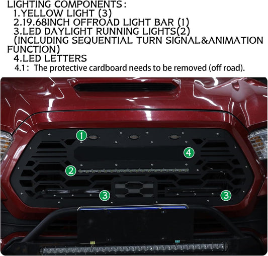 Stealth Laser iron Grill Grille for Tacoma Third Gen N300 2016 2017 2018 2019 2020 2021 2022 2023 Black, 1 Pc,Incl LEDs，Pure iron material，sand spray paint. (V1.1)