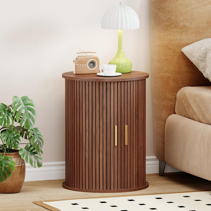 Round Fluted End Table with Sliding Door Walnut