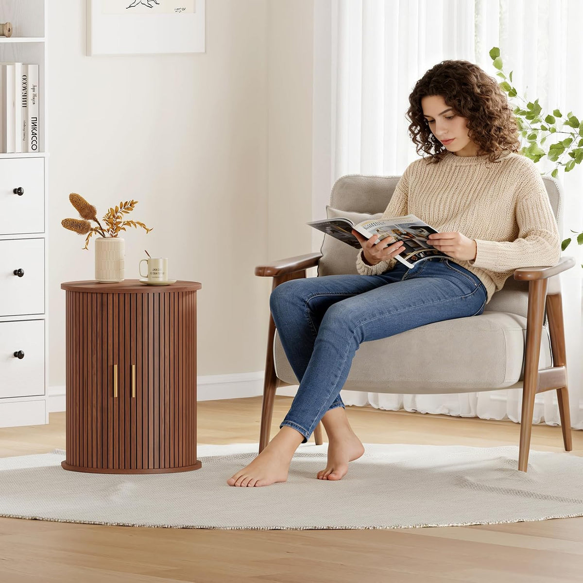 Round Fluted End Table with Sliding Door Walnut