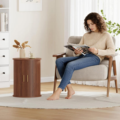 Round Fluted End Table with Sliding Door Walnut