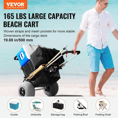 VEVOR Beach Dolly with Big Wheels for Sand, 29.9 x 15.4 Cargo Deck, w/ 12 Balloon Wheels, 165LBS Loading Capacity Folding Sand Cart & 27 to 44.7 Adjustable Height, Heavy Duty Cart for Beach