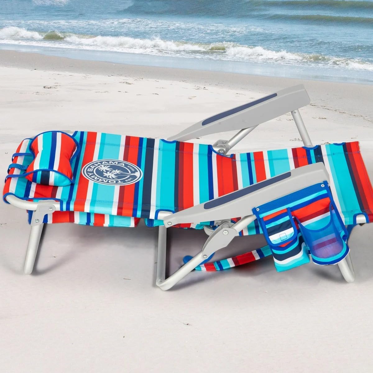 Tommy Bahama 5 Position Beach Chair, Zippered Insulated Cargo Pouch, Cup and Cell Phone Holder