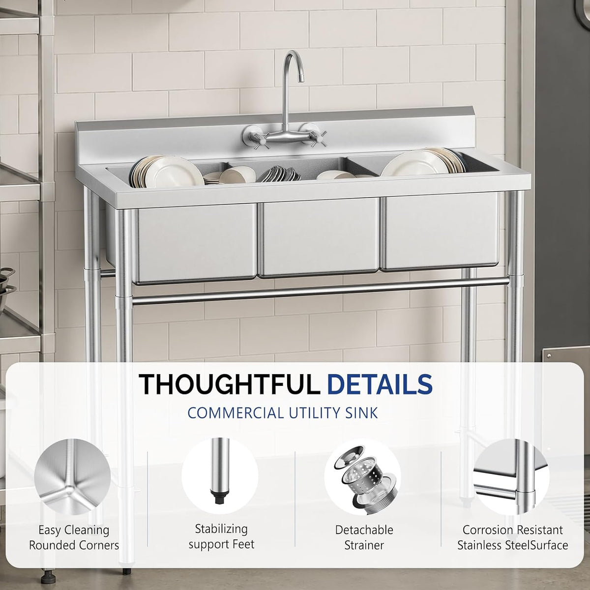 Bonnlo 3-Compartment Stainless Sink