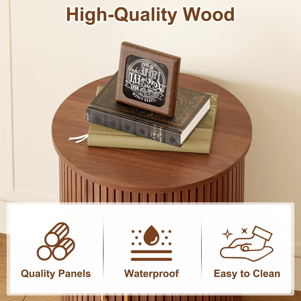 Round Fluted End Table with Sliding Door Walnut