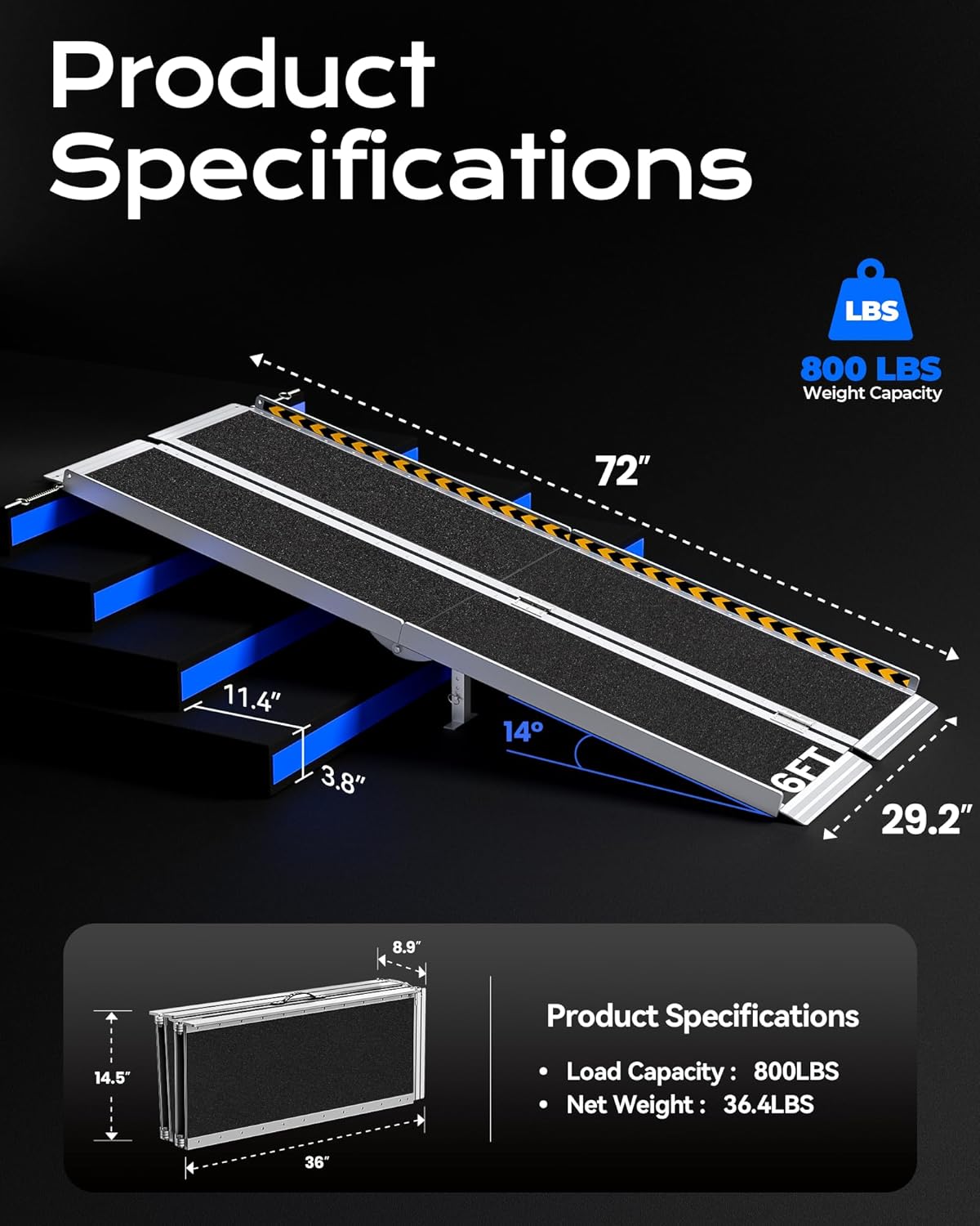Wheelchair Ramp 6ft Aluminum Ramp 800LBS