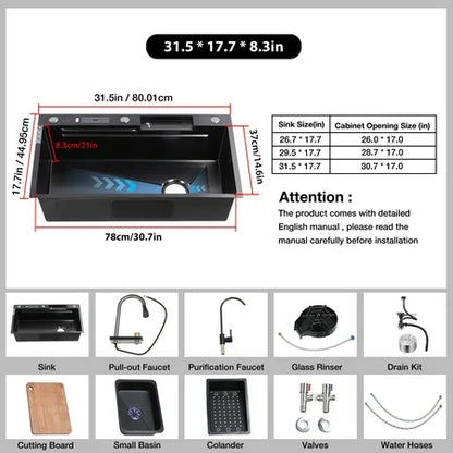 Waterfall Kitchen Sink, Single Bowl with Faucet