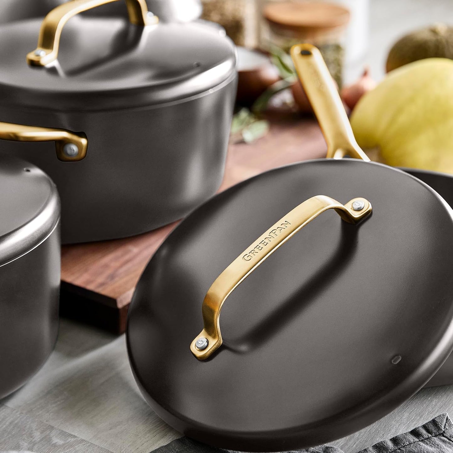 GreenPan GP5 14 Piece Cookware Pots and Pans Set, Hard Anodized Ceramic Nonstick PFAS-Free, Induction Suitable, Scratch Resistant, Gold-Tone Handles, Stay-Flat Surface, Dishwasher and Oven Safe, Black