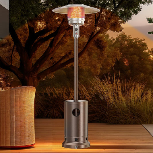 NEW OLIXIS 48,000 BTU Propane Heaters with Wheels, Patio Heater Outdoor with Round Table Design, For Deck Porch Garden Commercial Residential, 17.7 x 17.7 x 87 inches (LxWxH)
