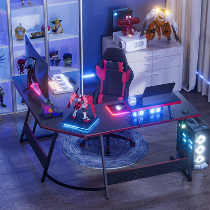 Shahoo L Shaped Gaming Desk with LED Lights & Power Outlet