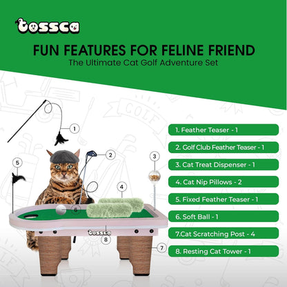 8 in 1 Cat Golf Table Set | Cat Tree Tower with Scratching Post, Catnip Pillows, Feather Teaser Wand, Feeder, Cat Furniture for Indoor Cats