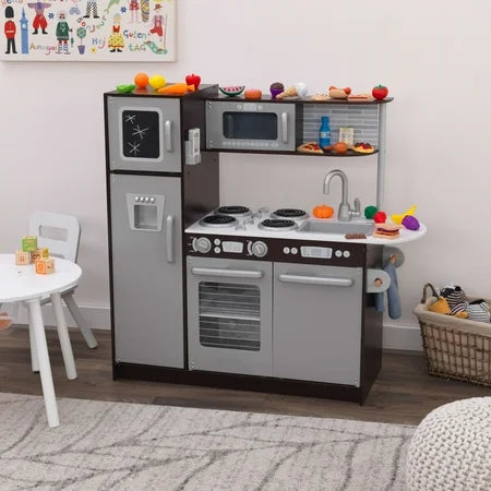 NEW KidsKraft Uptown Wooden 30-Piece Play Kitchen for Kids, Black and Silver