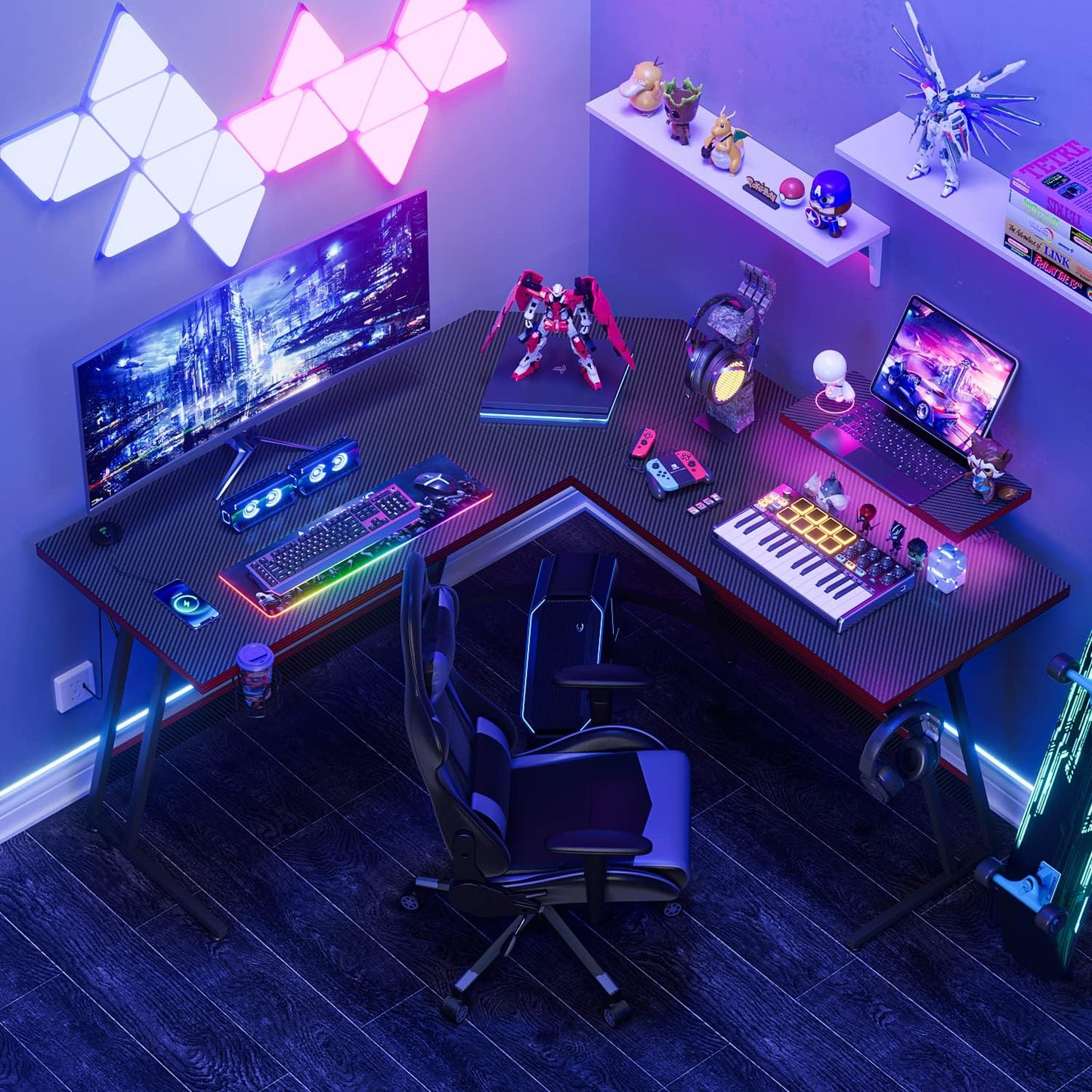 Shahoo L Shaped Gaming Desk with LED Lights & Power Outlet