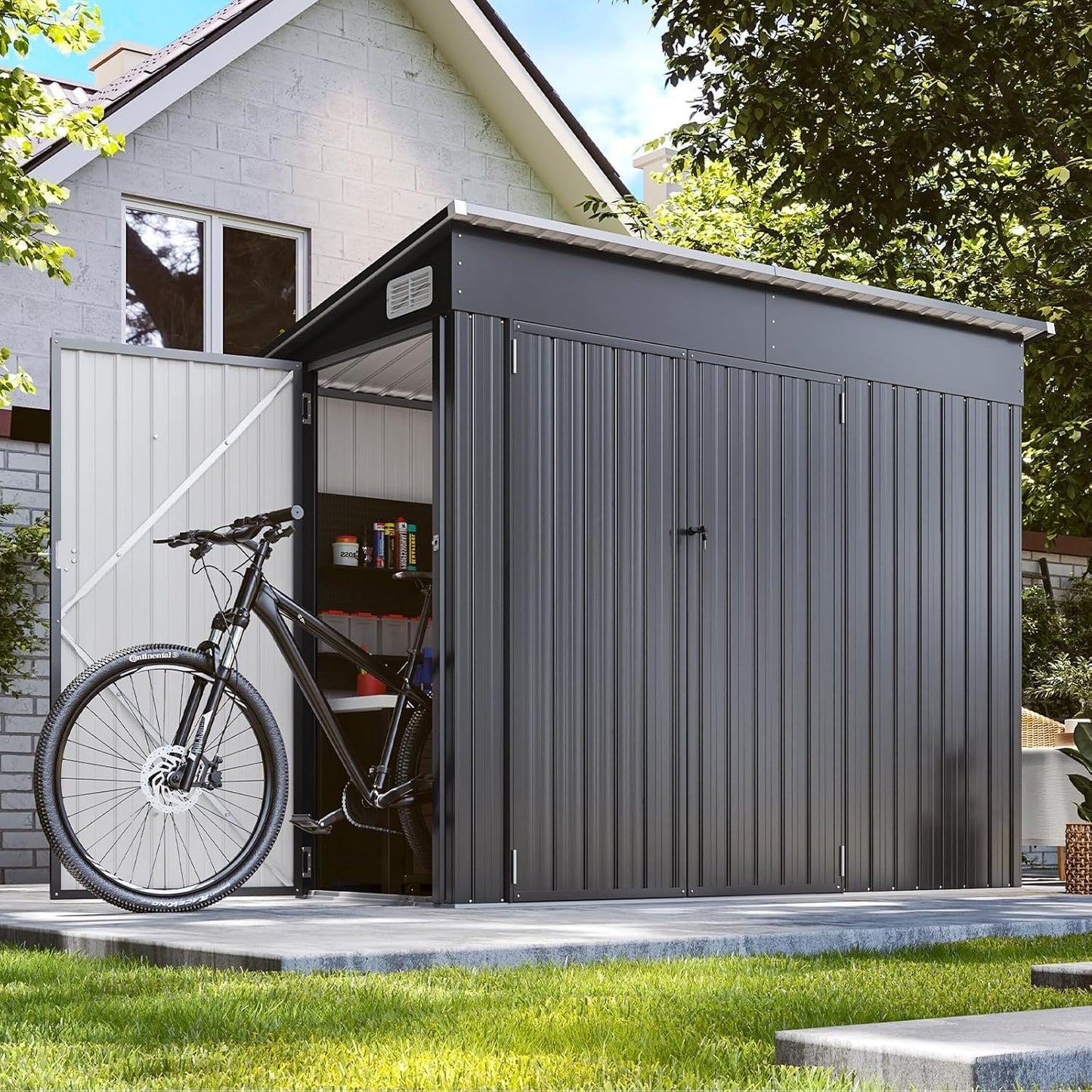 8x4 Outdoor Shed: Triple Door, Metal, Black