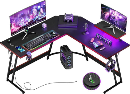 Shahoo L Shaped Gaming Desk with LED Lights & Power Outlet