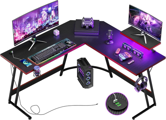 Shahoo L Shaped Gaming Desk with LED Lights & Power Outlet
