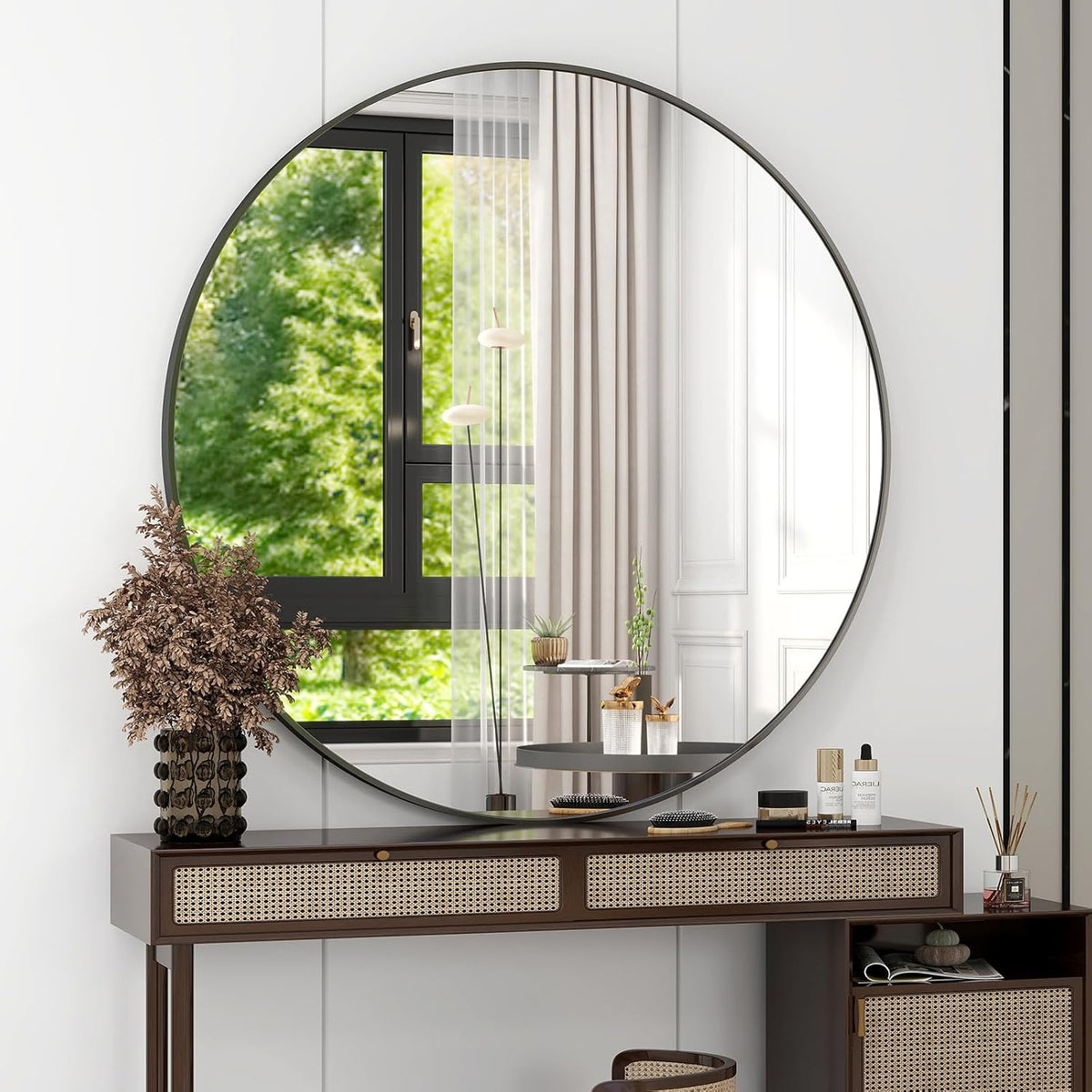42 Inch Round Mirror - Black Wall Mounted