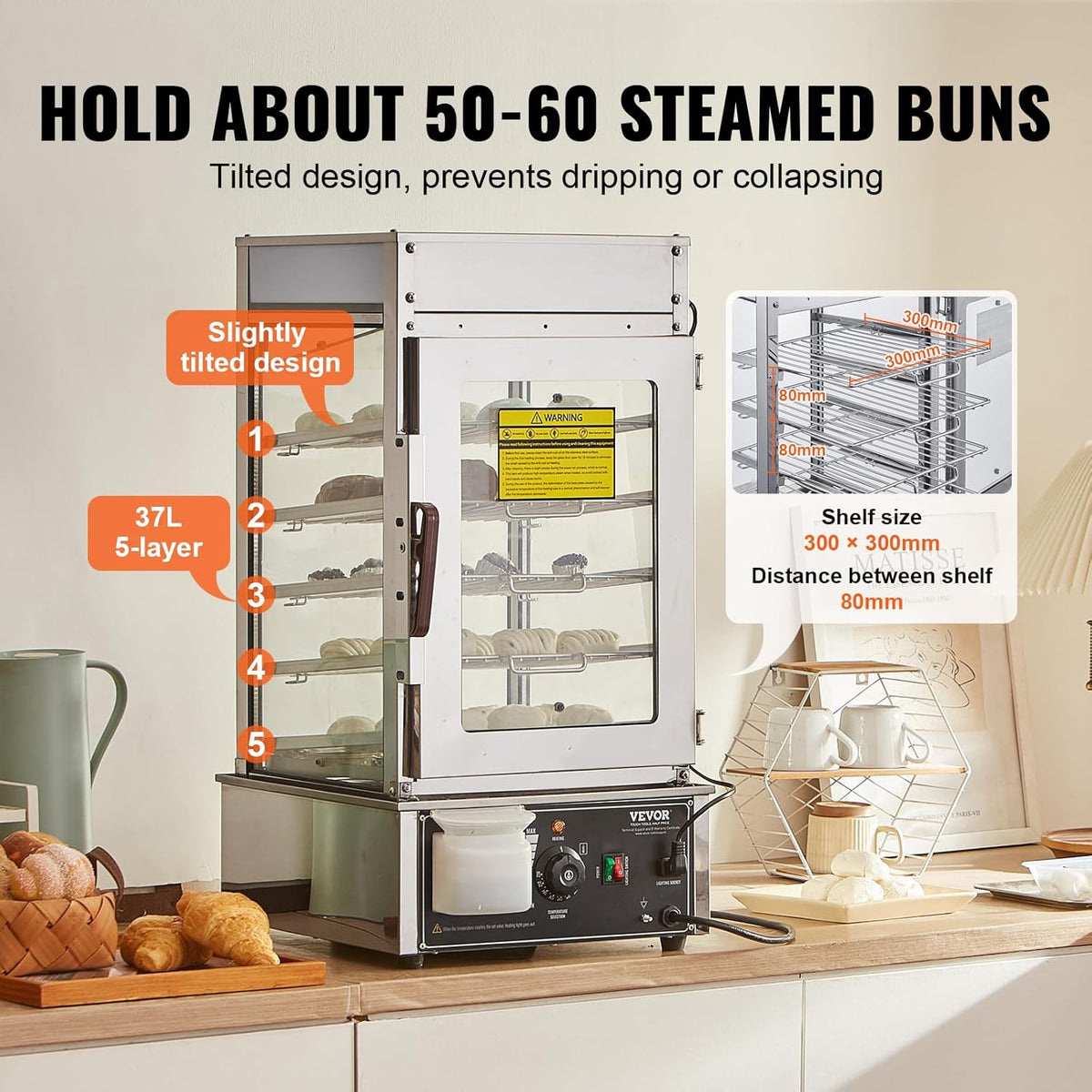 VEVOR Food Warmer Display, 5-Tier Bun Steamer