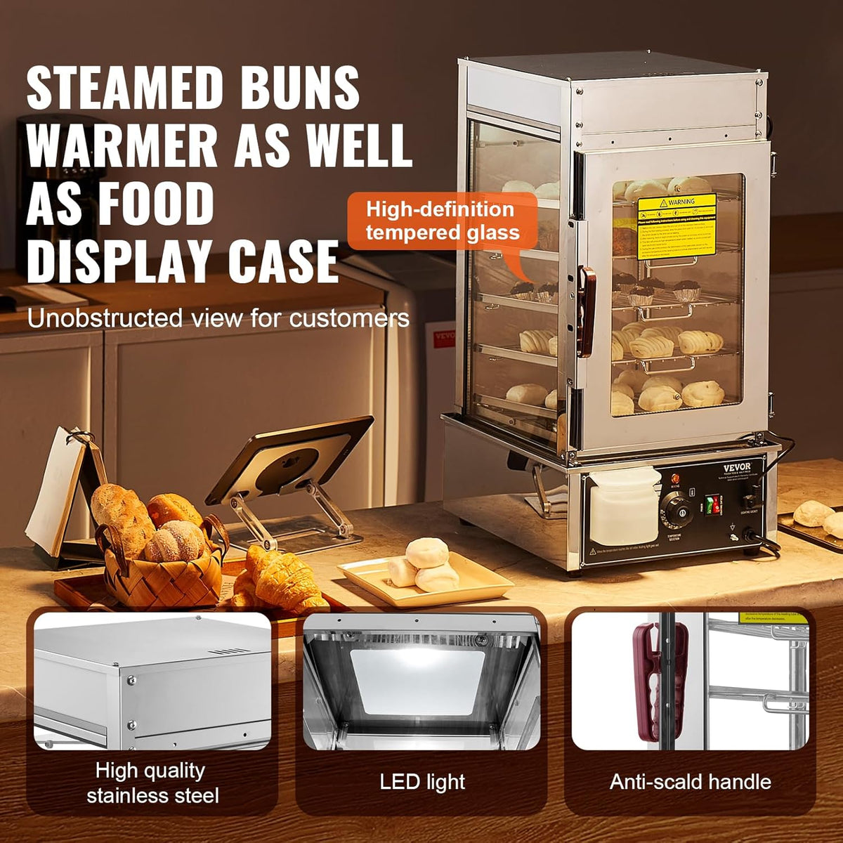 VEVOR Food Warmer Display, 5-Tier Bun Steamer