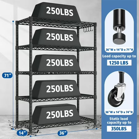 TrumanPick 5-Tier Wire Shelf, 36"W x 16"D x 76"H