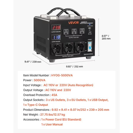 VEVOR 5000W Voltage Converter (110-220V)
