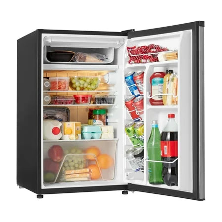 Galanz 4.3 Cu ft Single Door Mini Fridge, Stainless Steel Look, New, Width 19.12