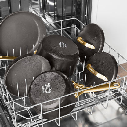 GreenPan GP5 14 Piece Cookware Pots and Pans Set, Hard Anodized Ceramic Nonstick PFAS-Free, Induction Suitable, Scratch Resistant, Gold-Tone Handles, Stay-Flat Surface, Dishwasher and Oven Safe, Black