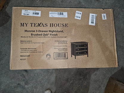 NEW My Texas House Monroe 3 Drawer Nightstand with USB, Brushed Oak Finish