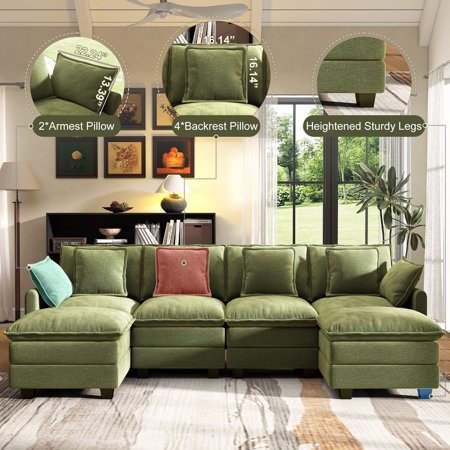 BedLuxury 106" Green U-Shaped Sectional Sofa