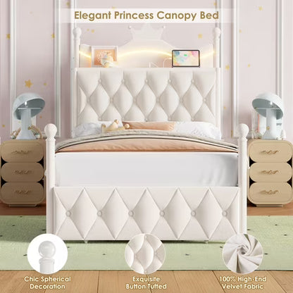 Hiphuta Twin Canopy Bed with Outlet & LED, White