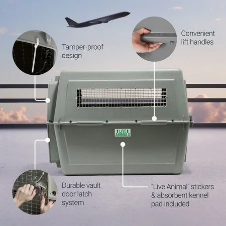 Petmate Sky Kennel IATA Airline Friendly Dog Crate Plastic Travel Pet Carrier, Jumbo XXL 48 for Dogs 90-125 lb, Gray