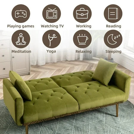 Velvet Upholstered Minimalist Tufted Metal Foot Double Seat Sofa Bed for Living Room Olive